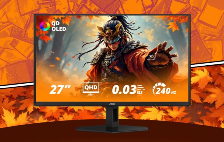 The AOC Q27GAZD QD-OLED gaming monitor features a 27-inch screen with 1440p resolution, providing an immersive gaming experience with excellent colour accuracy and fast response time, perfect for mid-range gamers in the UK