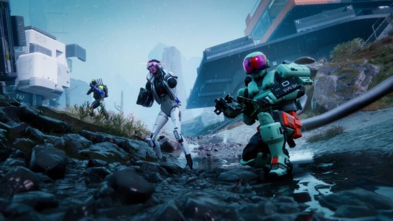 A group of Runners navigating through the lush forests of Tau Ceti IV, with the UESC robot enemies lurking in the background, in the exciting new extraction shooter Marathon, set in the UK gaming scene