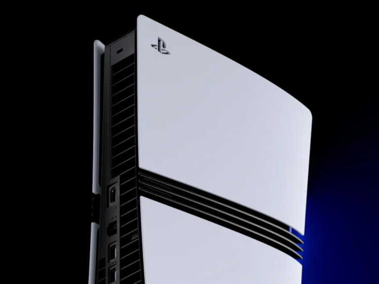 A close-up of the PlayStation 5's console, showcasing its sleek design and advanced hardware, with a UK gamer in the background, highlighting the significance of FSR 4 technology in the UK gaming scene