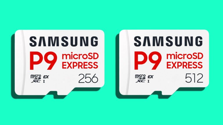 A close-up of a Samsung P9 Express microSD card, with a UK background, showcasing its compact size and blazing-fast speeds, perfect for handheld gaming and other high-performance applications, with a focus on the microSD Express standard and NVMe protocol