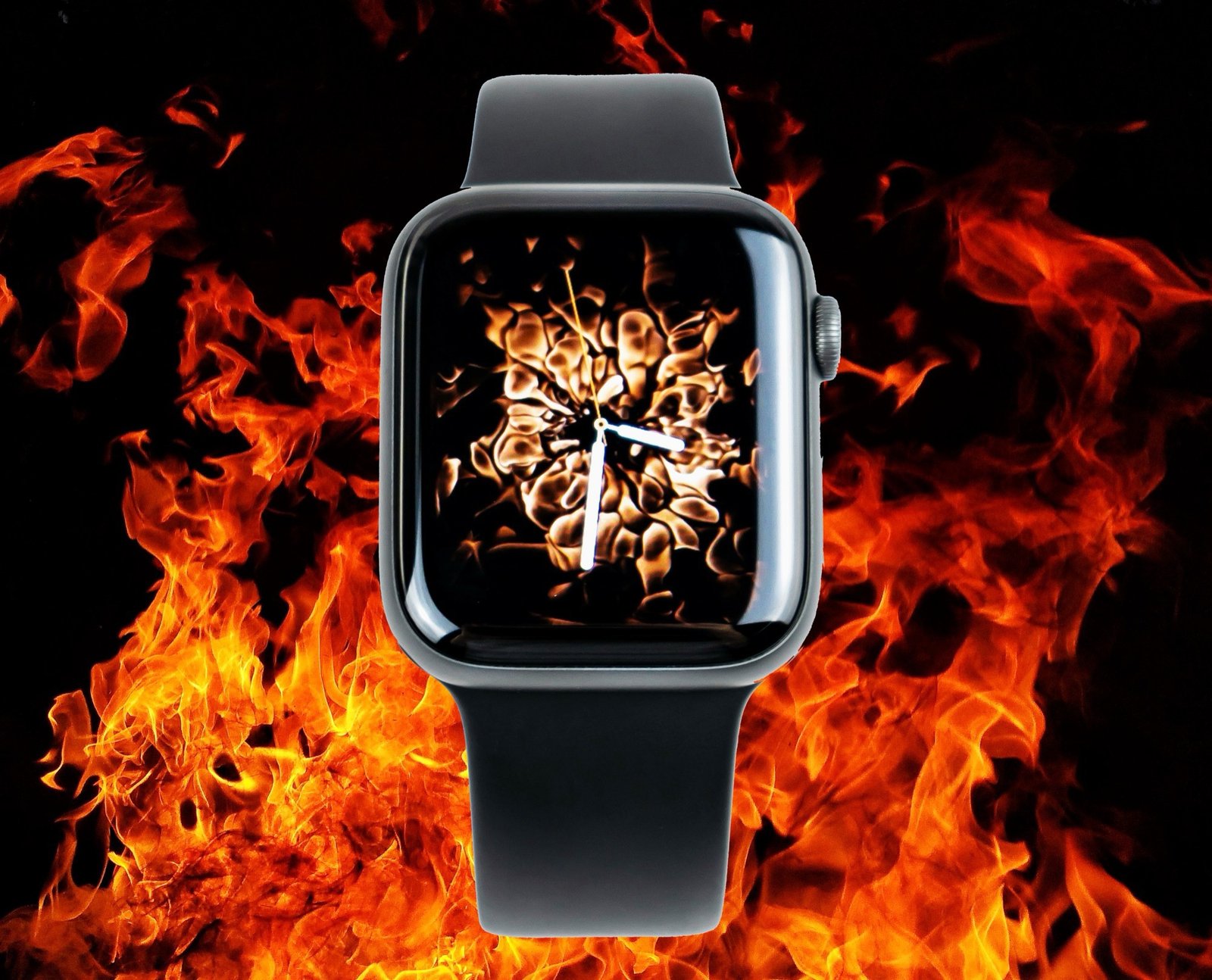 A close-up of a smartwatch with a burned wrist in the background, highlighting the potential dangers of defective smartwatch batteries in the UK, with a focus on Apple Watch safety concerns