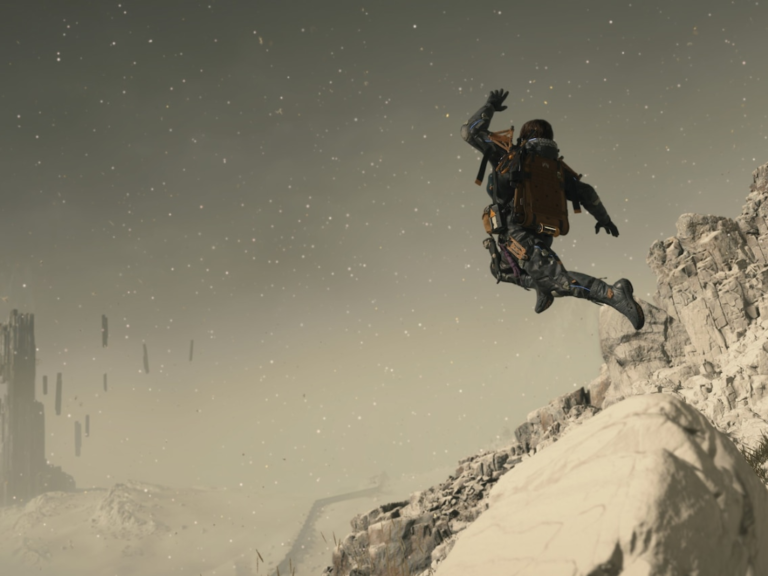 A screenshot of Death Stranding 2, showcasing its vibrant colour palette and intricate gameplay mechanics, with a focus on the game's protagonist navigating a treacherous landscape in the UK