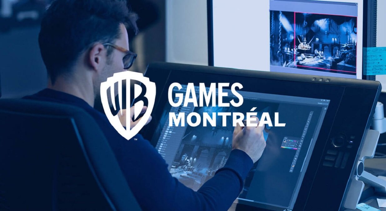 Warner Bros Montreal logo with a subtle background image of the UK gaming industry, highlighting the company's presence in the sector and the potential impact of the acquisition on the industry's behaviour and strategy