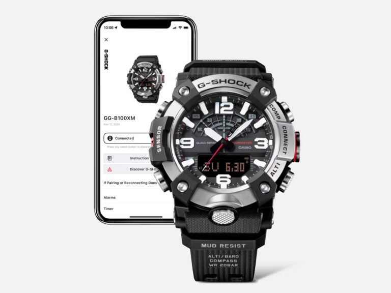 The Casio G-Shock Mudmaster GG-B100X watch with carbon reinforced casing and stainless steel bezel, featuring Quad Sensor technology and Bluetooth connectivity, available in the UK market