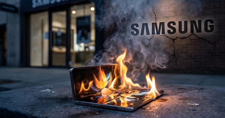 Samsung's Galaxy TriFold smartphone, a prestige product axed due to Memory Chipflation, a close-up of the device's unique foldable design, showcasing the company's innovative approach to mobile technology, with a UK cityscape in the background, symbolising the company's presence in the UK market