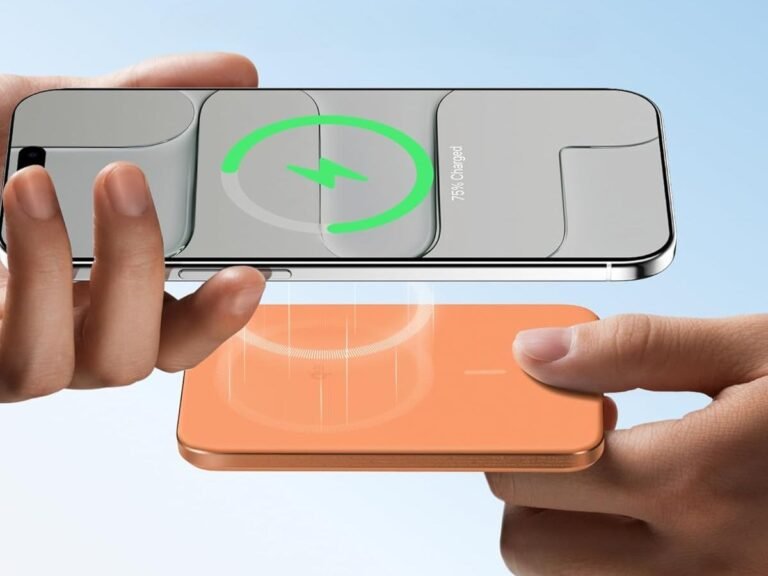 The Anker Nano Power Bank features a vibrant orange colour and a sleek design, with a Qi2-certified wireless charging pad and a USB-C port, perfect for wireless charging in the UK