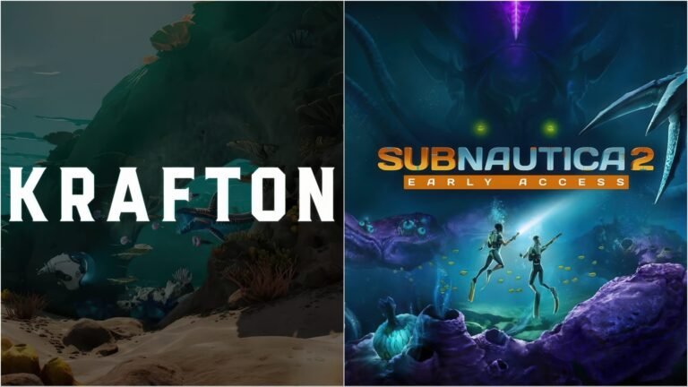 A screenshot of Subnautica 2 gameplay, with a UK gaming logo in the corner, highlighting the game's stunning underwater world and the importance of the UK gaming industry