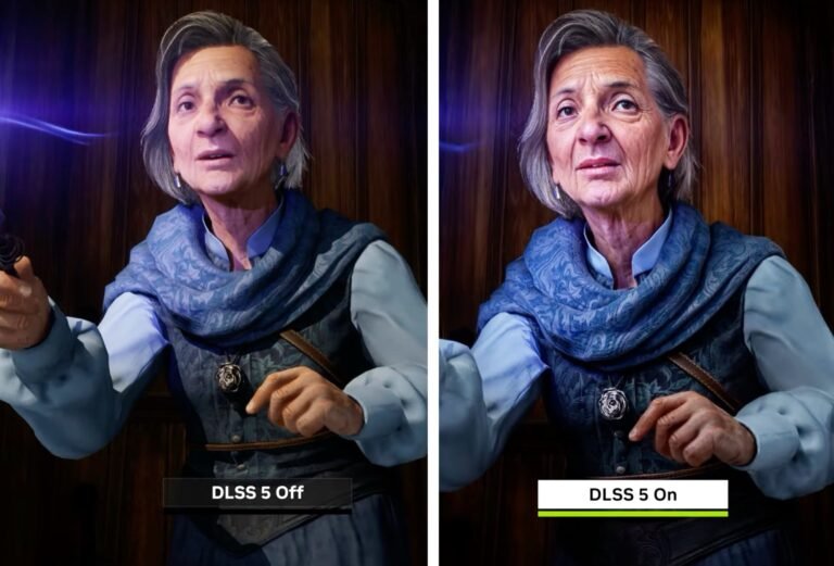 Nvidia DLSS 5 logo, featuring a futuristic design with a blue and green colour scheme, representing the fusion of artificial intelligence and gaming technology, with a blurred background of a gaming keyboard and a monitor, showcasing the primary keyword of AI-powered gaming