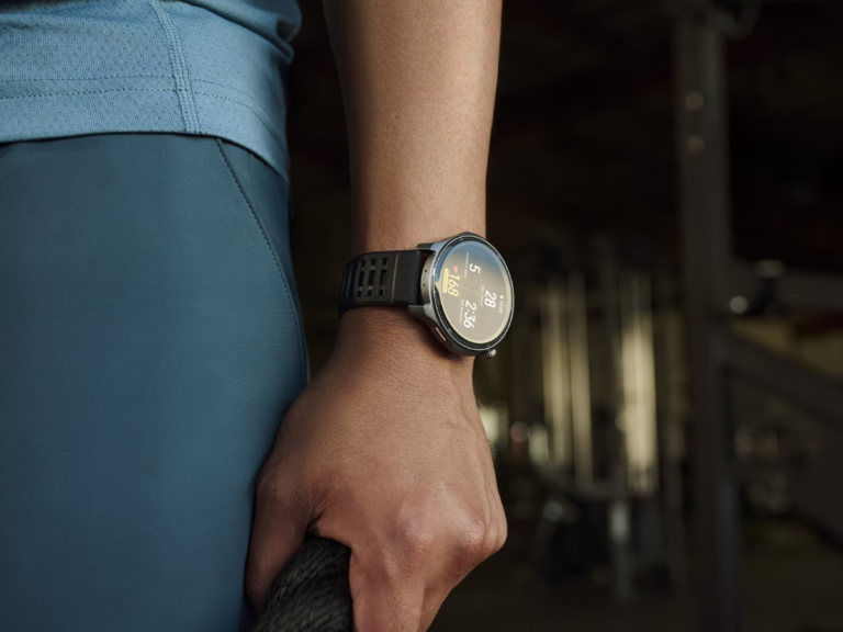 Amazfit smartwatch with a UK cityscape background, showcasing the device's weather feature and sleek design, with a focus on the latest firmware update and its benefits for UK users