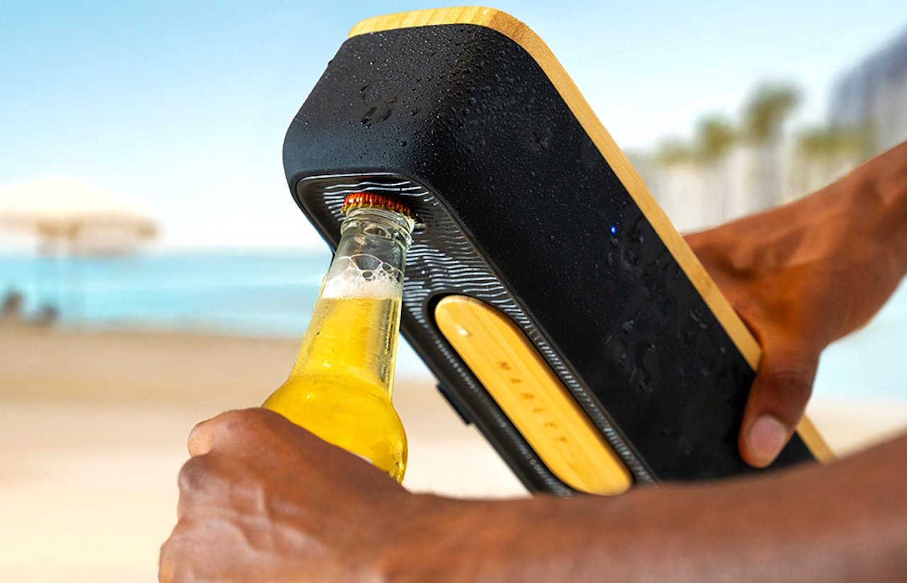 The House of Marley Get Together Go portable wireless speaker, featuring a built-in bottle opener and crafted from recycled silicone and renewable bamboo, is a testament to sustainable design and innovative technology, perfect for outdoor events and gatherings in the UK