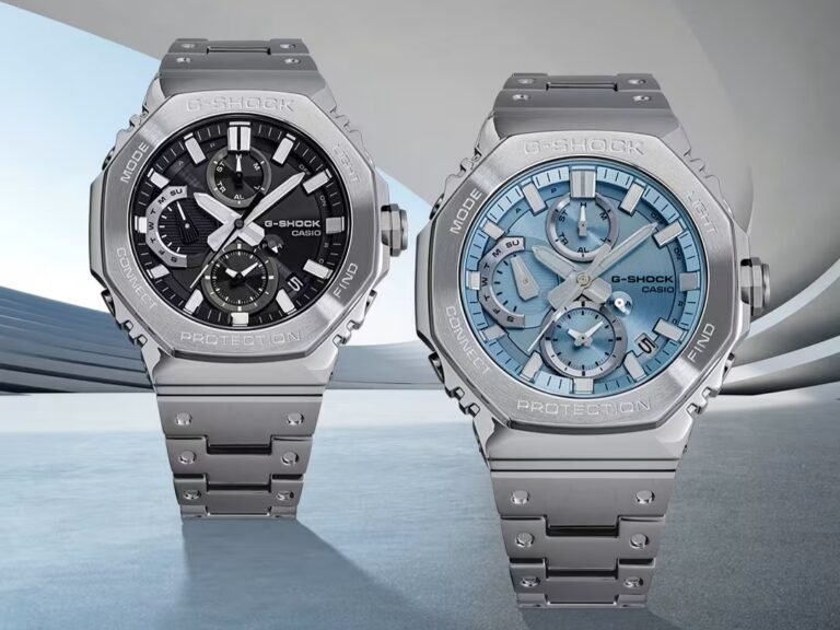 Casio G-Shock full metal chronograph watch with Bluetooth connectivity and tough solar charging, featuring a stainless steel case, bezel, and band, available in the UK