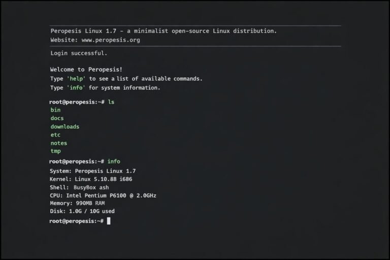 Peropesis 3.2 screenshot showcasing the command line interface in action, with a dark colour scheme and a range of tools and features available