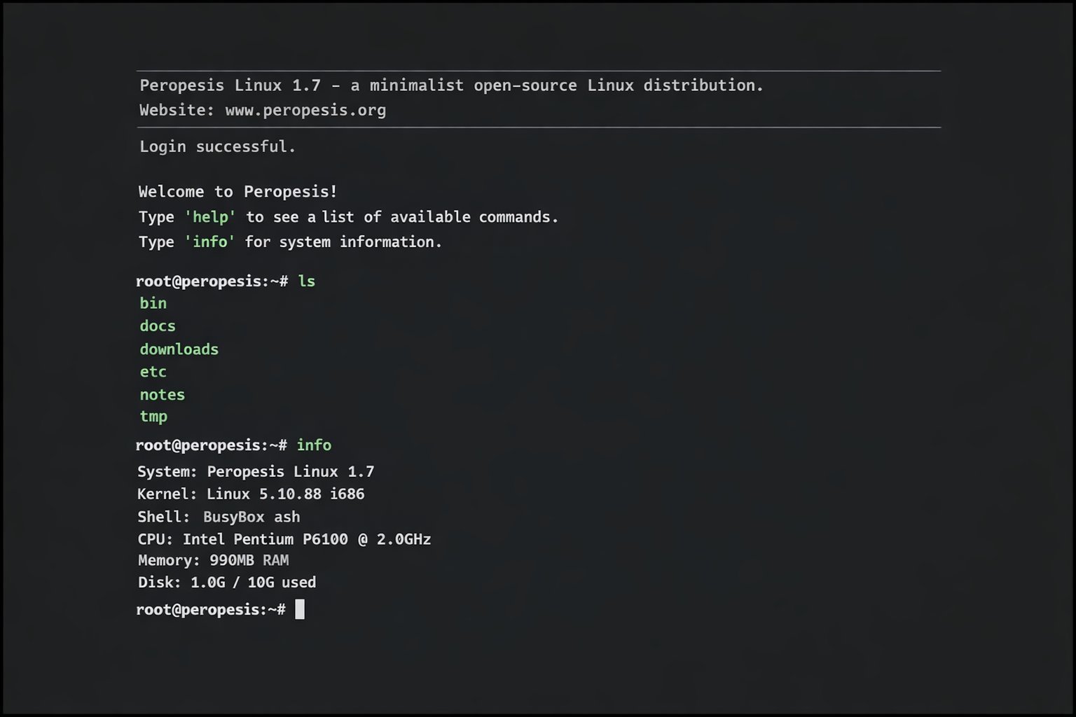 Peropesis 3.2 screenshot showcasing the command line interface in action, with a dark colour scheme and a range of tools and features available