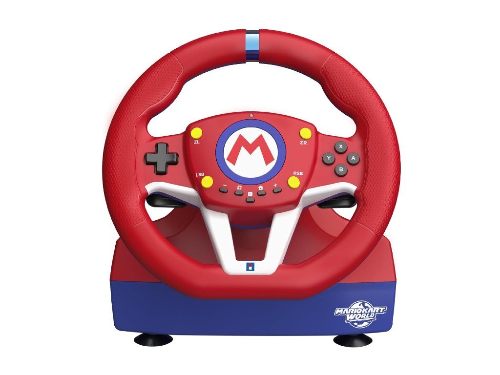 Hori's Mario Kart Racing Wheel Pro for Nintendo Switch 2, featuring a sleek design and precise controls, perfect for an immersive gaming experience in the UK, with its vibrant colour scheme and durable construction, ideal for gamers of all ages and skill levels