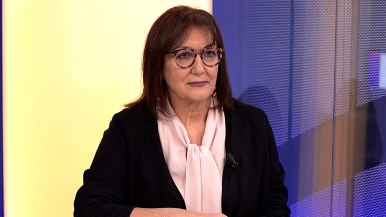 EU Commissioner Šuica speaking at a press conference, with a backdrop of EU flags, symbolising the EU's commitment to peace and stability, and its rejection of Trump's Board of Peace initiative