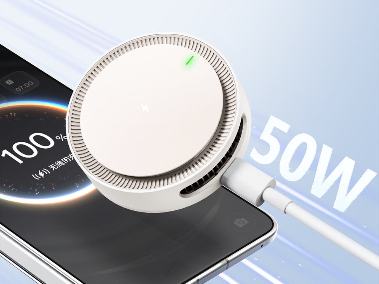 The Oppo Magnetic Turbo 2 wireless charger, featuring a sleek design and desktop stand, delivering 50W of power to compatible devices, including the Find N6 and other Android smartphones and iPhones, with built-in cooling for optimal performance