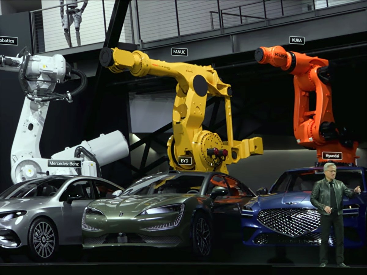 Nvidia's autonomous driving system in action, with a fleet of Uber and BYD robotaxis navigating through a bustling UK city, showcasing the company's innovative AI technology