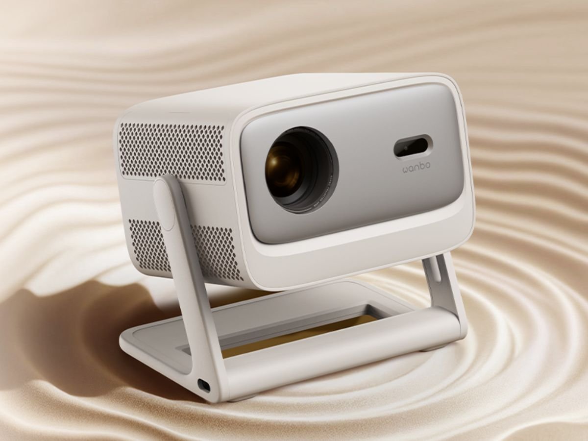 The Wanbo Vali 1 Pro Google TV projector, featuring an integrated adjustable angle stand and automatic image perfecting tools, perfect for UK home entertainment enthusiasts seeking an affordable and immersive cinematic experience with stunning colour and clarity