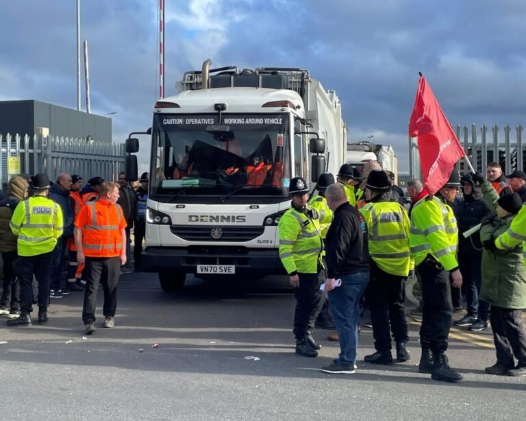 A descriptive image of a bin lorry blockade in Birmingham, with the primary keyword phrase 'Birmingham bin strike' naturally included, showing the impact of the union's actions on the city's streets and residents, with bins and lorries at a standstill, as the union fights for better pay and working conditions for its members