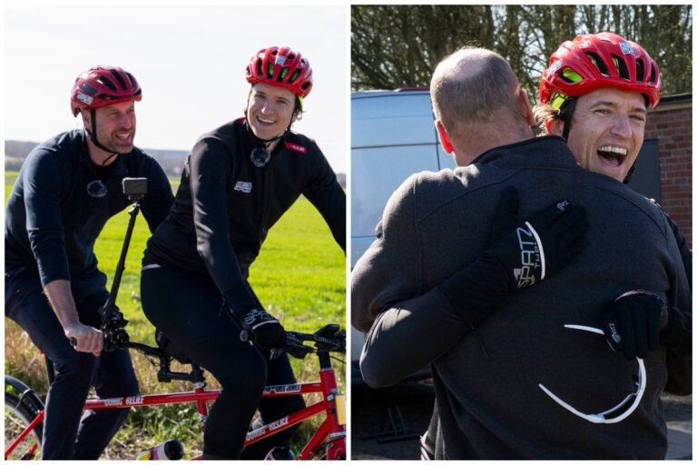 Prince William and Greg James cycling together for Comic Relief, surrounded by picturesque landscapes and vibrant scenery, demonstrating their dedication to the charity and its cause