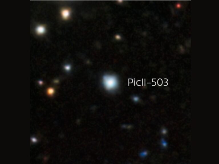Astronomers in the UK discover ancient star in galaxy Pictor II, a cosmic fossil preserving clues from the early universe, with a colourful background of stars and galaxies
