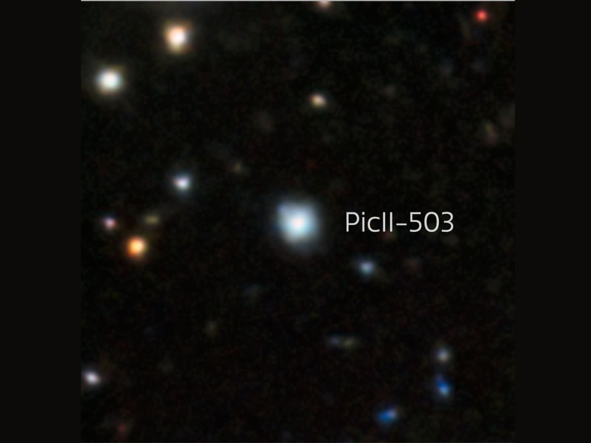 Astronomers in the UK discover ancient star in galaxy Pictor II, a cosmic fossil preserving clues from the early universe, with a colourful background of stars and galaxies