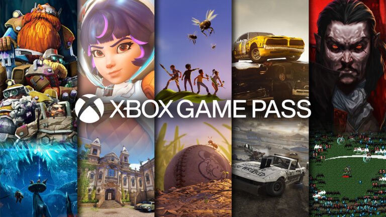 Xbox Game Pass logo with a background of various games, including action, adventure, and puzzle titles, available on PC, Xbox One, Xbox Series X/S, and mobile devices, with a WiFi connection through Cloud Streaming, highlighting the service's accessibility and versatility.