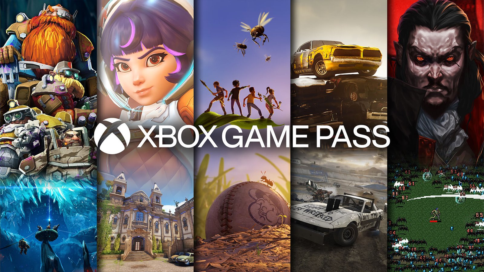 Xbox Game Pass logo with a background of various games, including action, adventure, and puzzle titles, available on PC, Xbox One, Xbox Series X/S, and mobile devices, with a WiFi connection through Cloud Streaming, highlighting the service's accessibility and versatility.