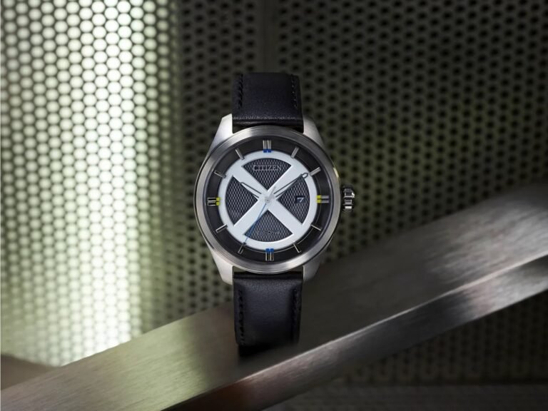 Citizen x Marvel watch with Eco-Drive technology and black leather strap, featuring a prominent X motif and subtle colour accents, perfect for UK Marvel fans and collectors, with a unique blend of style and functionality