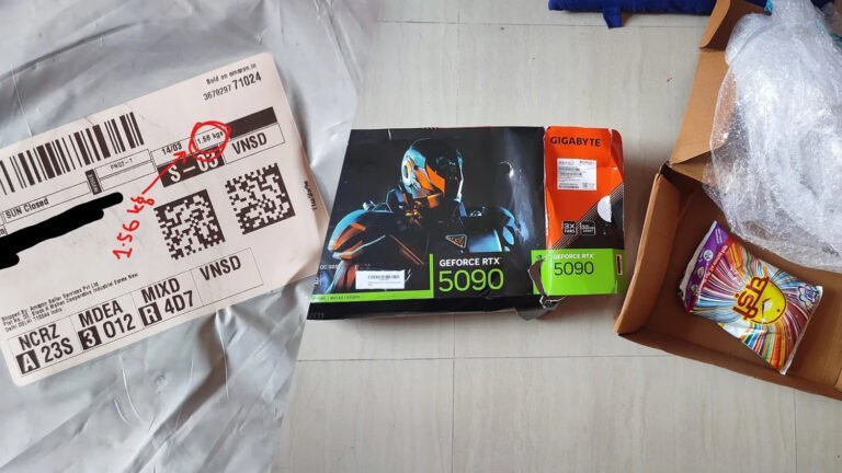 A photo of a person holding a box with a surprised expression, with a detergent powder packet and an RTX 5090 graphics card in the background, highlighting the UK online shopping scam