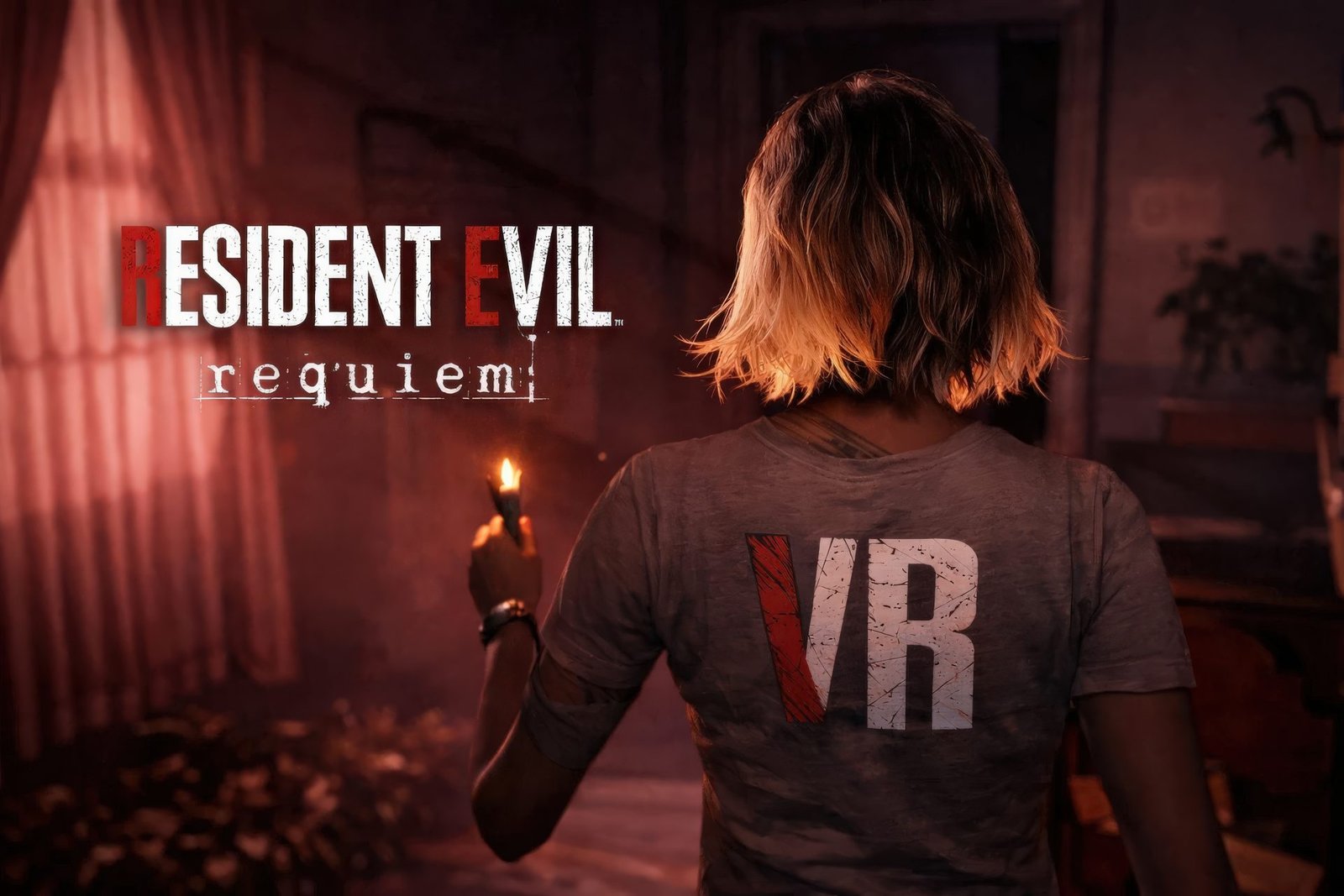 Resident Evil Requiem player wearing a virtual reality headset, with a frightened expression, surrounded by a dark and eerie atmosphere, with the RE9VR mod logo in the corner, representing the ultimate horror experience in the UK
