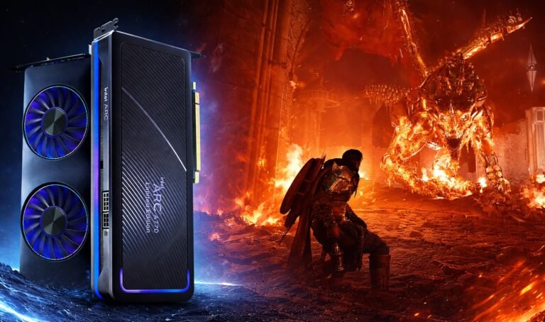 Crimson Desert gameplay on Intel Arc GPU, with a UK gamer in the background, showcasing the game's stunning visuals and smooth performance