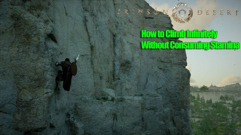 A Crimson Desert player in the UK using the precision jump trick to climb a steep cliff, with a stunning landscape in the background, showcasing the game's colour and behaviour