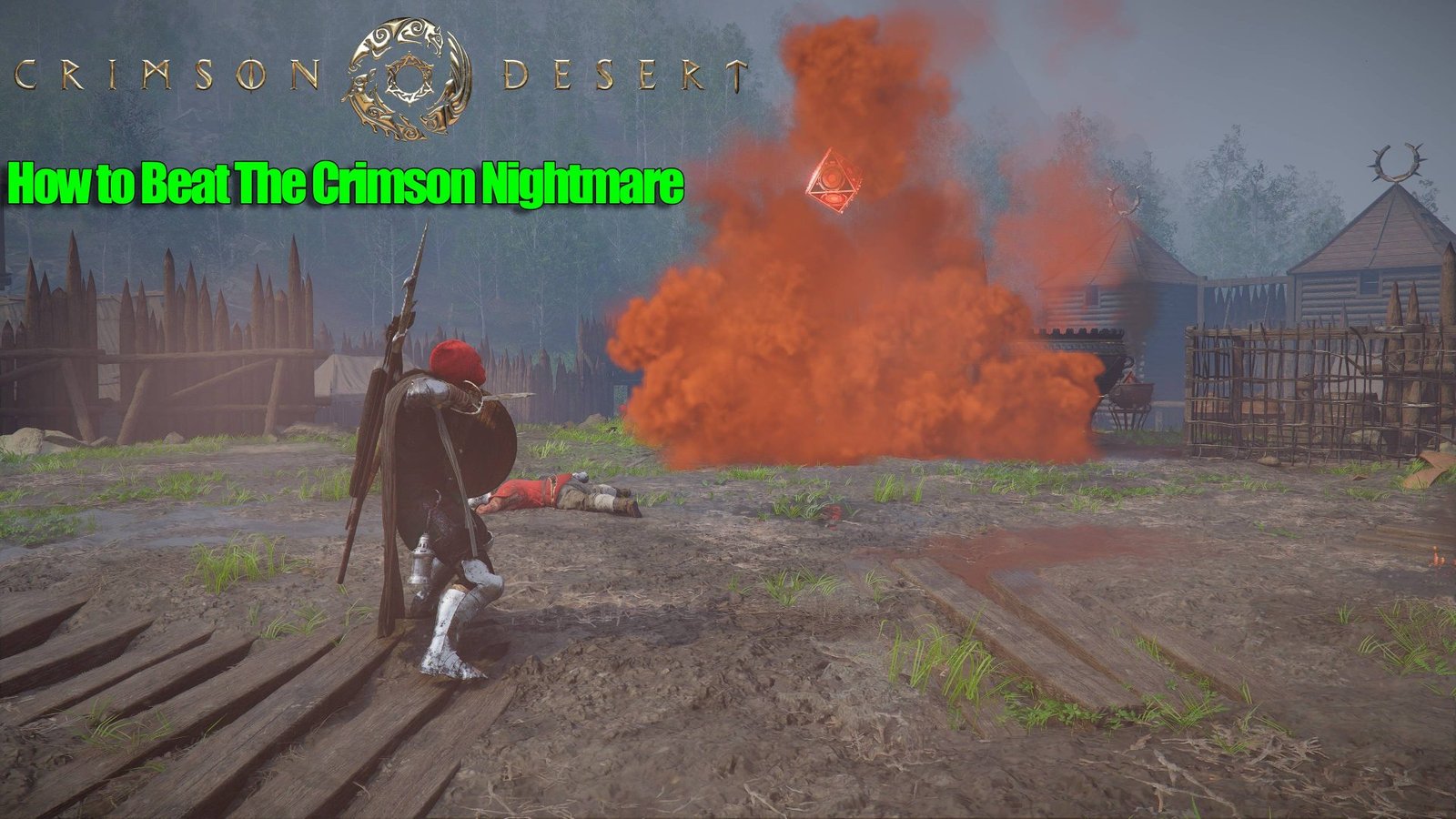 A UK gamer navigates the crimson fog in Crimson Desert, utilising the Scarlet Blade Gas Mask to protect against its deadly effects, with a determined expression, set amidst a backdrop of ruins and mysterious, ancient structures, under the crimson glow of the setting sun, with the gas mask's colour and design a striking feature