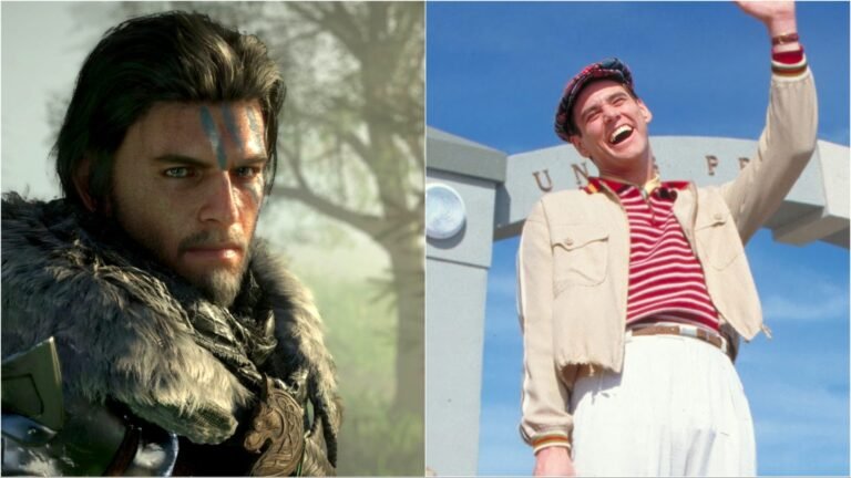 A gamer plays Crimson Desert, reaching the edge of the open world, where a giant whale emerges from the sea, devouring the player's character, in a scene reminiscent of The Truman Show, with a colour palette of blues and greys, set against a backdrop of a simulated reality