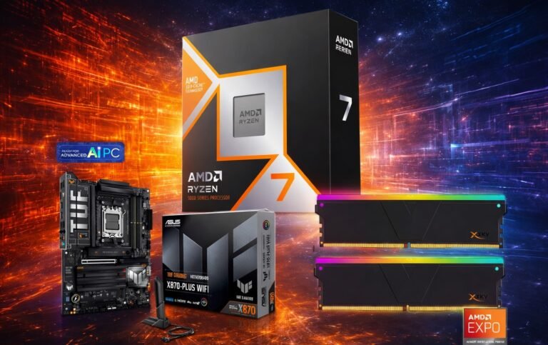 AMD Ryzen 9800X3D and ASUS X870 Motherboard bundle deal in the UK, featuring 32 GB RAM, 512 GB SSD, and Crimson Desert Game