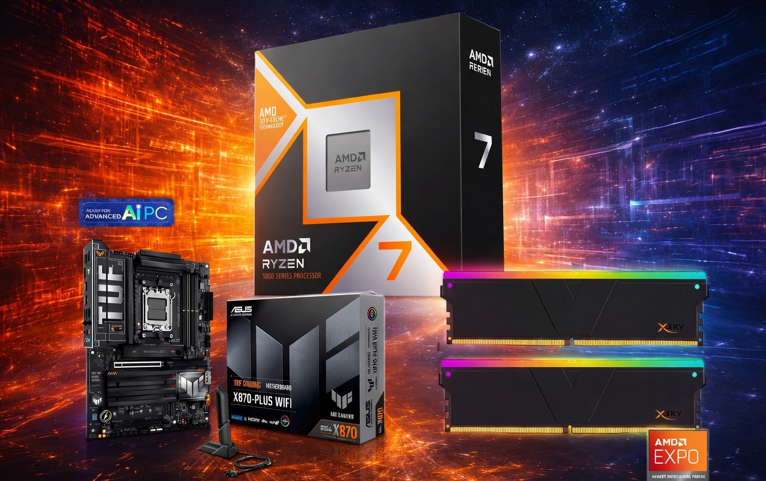 AMD Ryzen 9800X3D and ASUS X870 Motherboard bundle deal in the UK, featuring 32 GB RAM, 512 GB SSD, and Crimson Desert Game