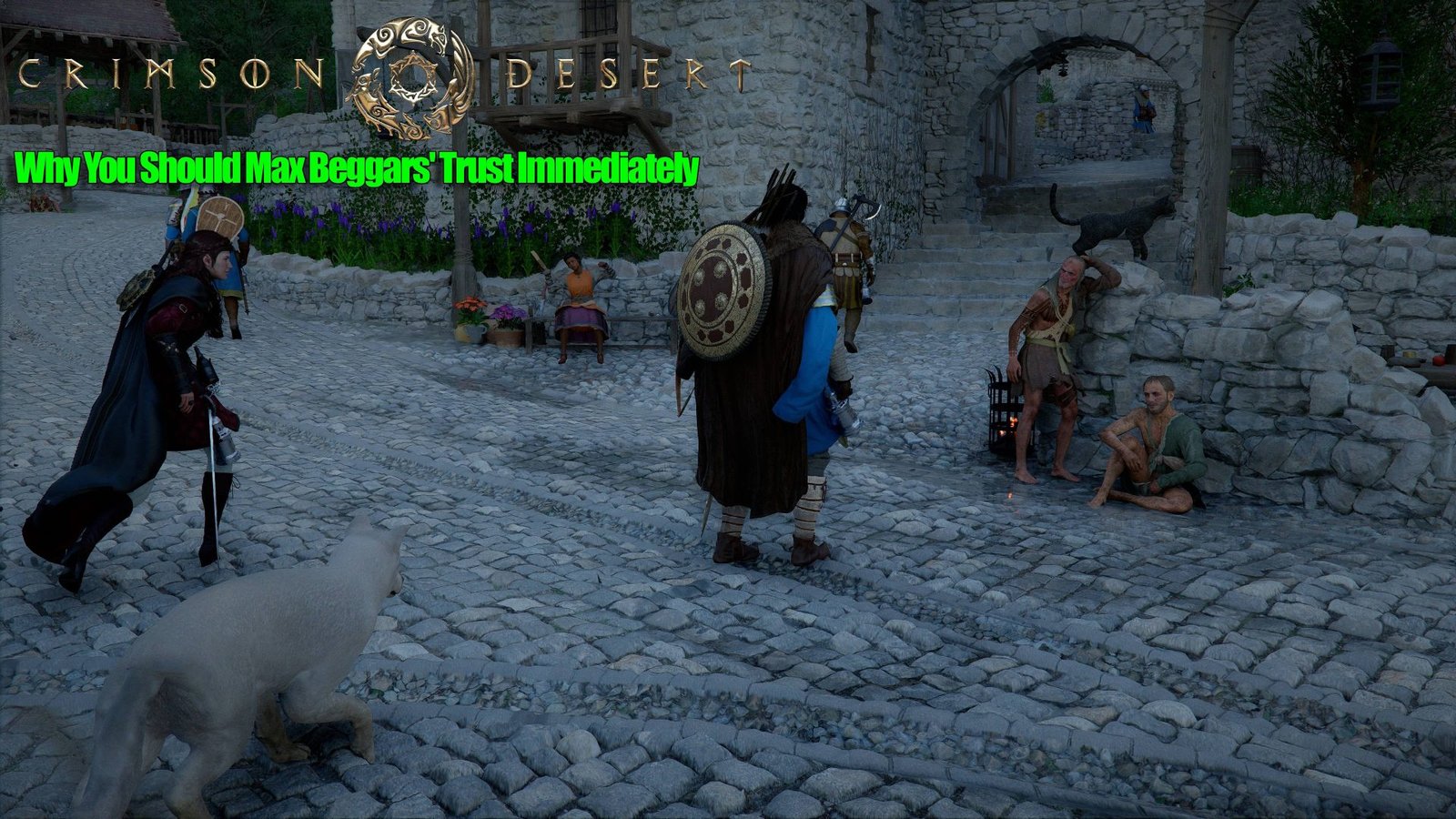 A beggar in Crimson Desert, with a caption explaining the importance of maximising their trust to unlock exclusive resources and enhance gameplay experience in the UK, featuring the game's unique colour and depth