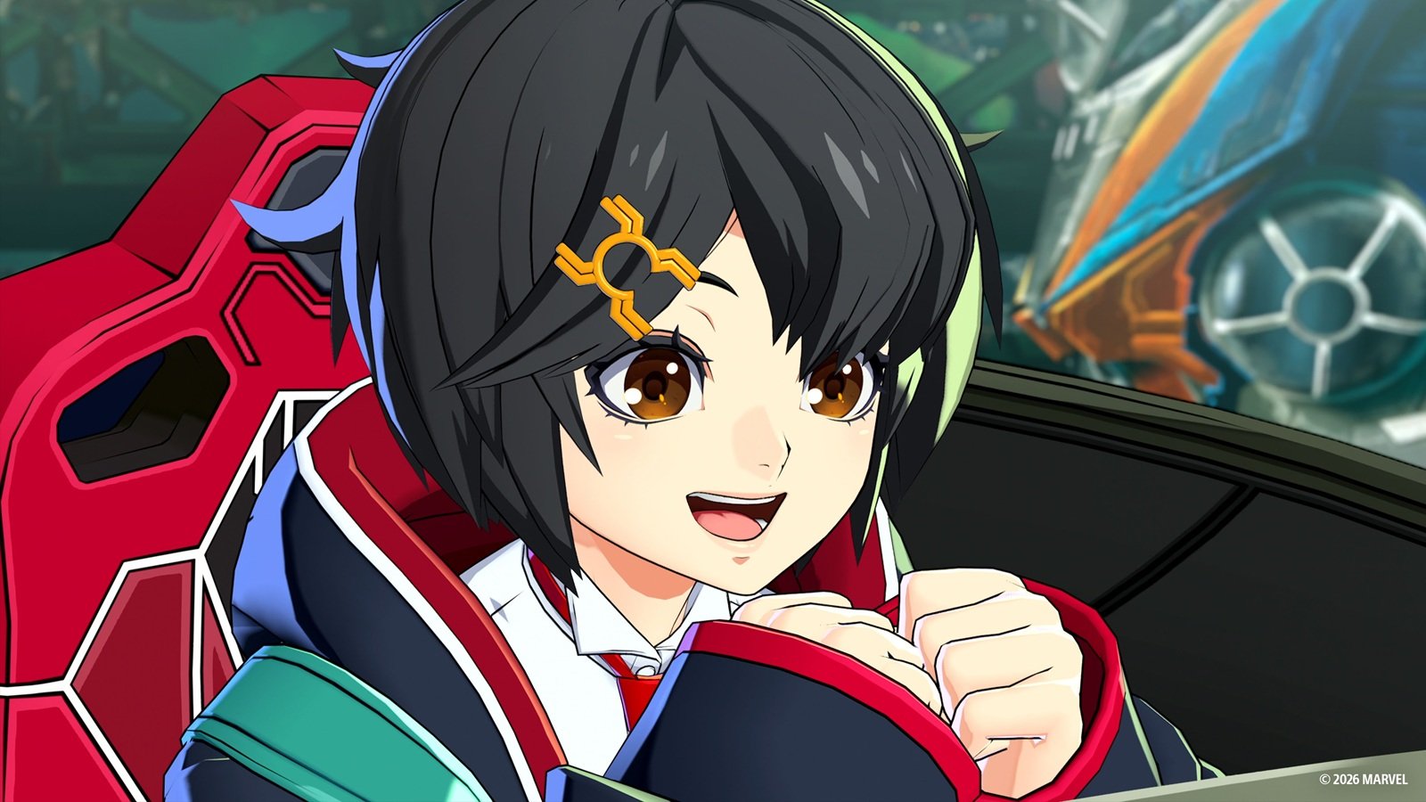 Peni Parker in action, showcasing her unique abilities in Marvel Tokon: Fighting Souls, with a colourful and dynamic background, highlighting the game's behaviour and features