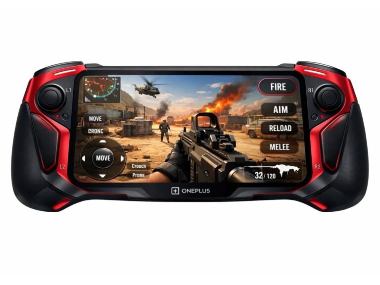 OnePlus gaming handheld device with FPS games on screen, designed for UK gamers with a focus on colour and premium materials
