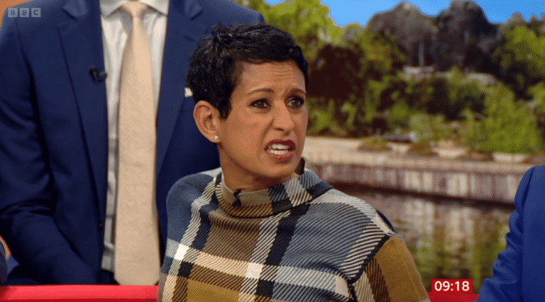 Naga Munchetty and Carol Kirkwood presenting BBC Breakfast together, with a tense atmosphere and a hint of drama in the background, highlighting the alleged 'sly digs' and on-air tension between the two women