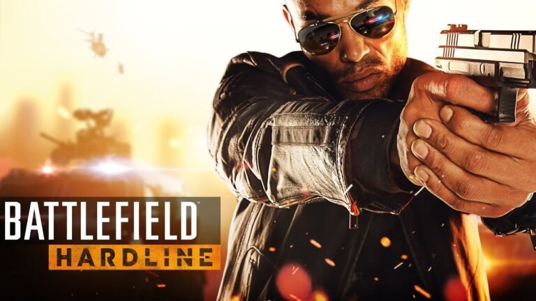 Battlefield Hardline gameplay screenshot, showing a soldier in action, with a cityscape in the background, set in the UK, with a primary keyword of Battlefield Hardline