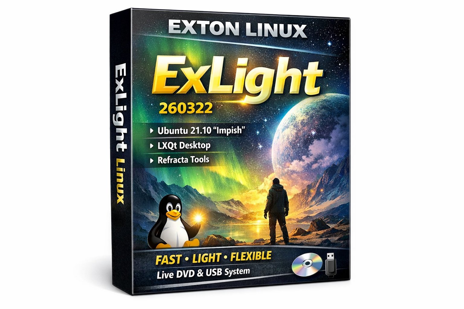 Exton Linux ExLight 260322 screenshot showcasing the Enlightenment 0.27.1 desktop environment and Calamares 3.3.14-1 installer, highlighting the operating system's key features and benefits for users in the UK