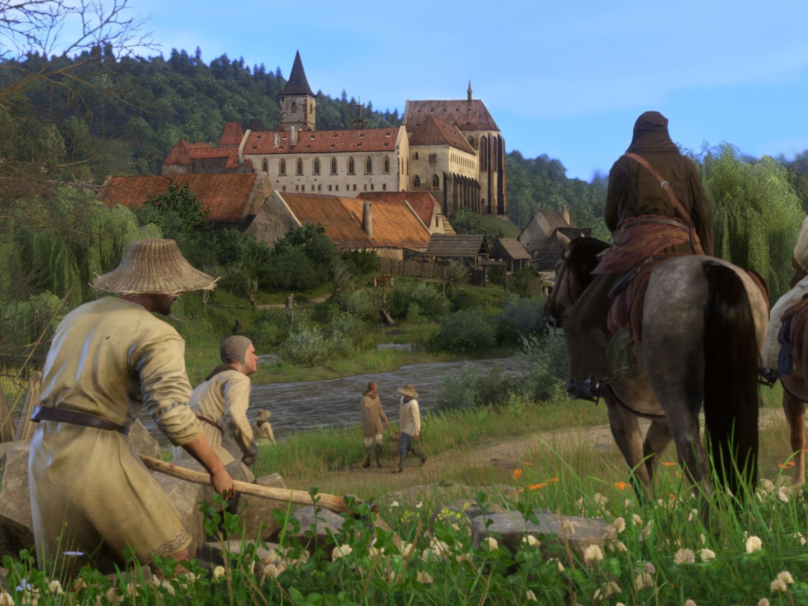 A medieval warrior stands victorious in a battle-scarred landscape, with a stunning castle in the background and a sword in hand, showcasing the game's attention to historical detail and realistic gameplay mechanics, set in the beautiful colour and scenery of the UK