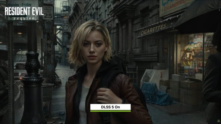 NVIDIA CEO Jensen Huang speaking at a conference, with a background of gaming graphics, showcasing the latest AI technology in the UK