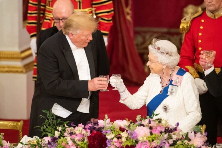 A photo of Queen Elizabeth II and Donald Trump, with a description of the Royal Family's latest news and updates, including the Sussexes' departure from royal duties