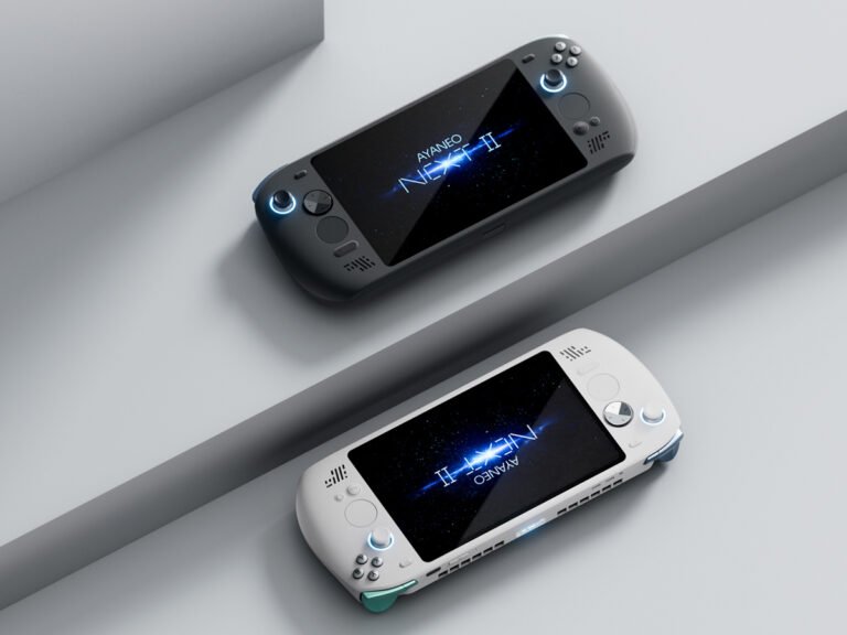 Ayaneo Next 2 Windows handheld device with a colour screen, showcasing its sleek design and features, highlighting the impact of rising component costs on the UK gaming market