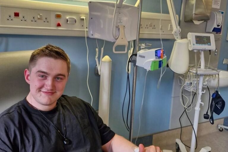 A photo of the BBC actor smiling, with a descriptive caption about his cancer battle and hospice care, highlighting his bravery and determination to raise awareness about cancer