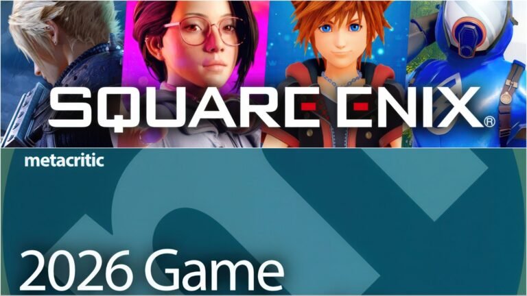 Square Enix's logo on a colourful background, representing the company's vibrant and engaging games, with a focus on UK gaming and Metacritic rankings