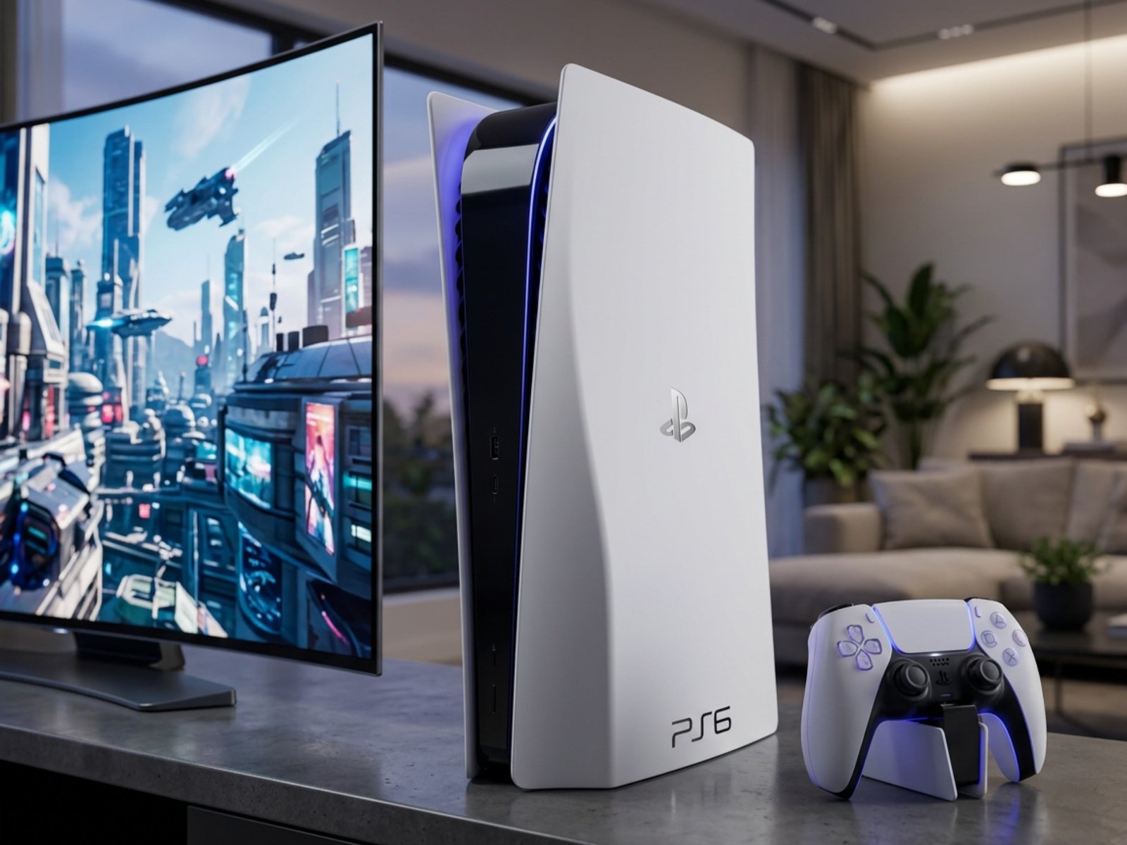 A UK gamer holds a PS6 console, with a cityscape in the background, showcasing the console's improved ray tracing capabilities, which may not be enough to tempt PS5 owners to upgrade, as they analyse the situation and consider the console's price